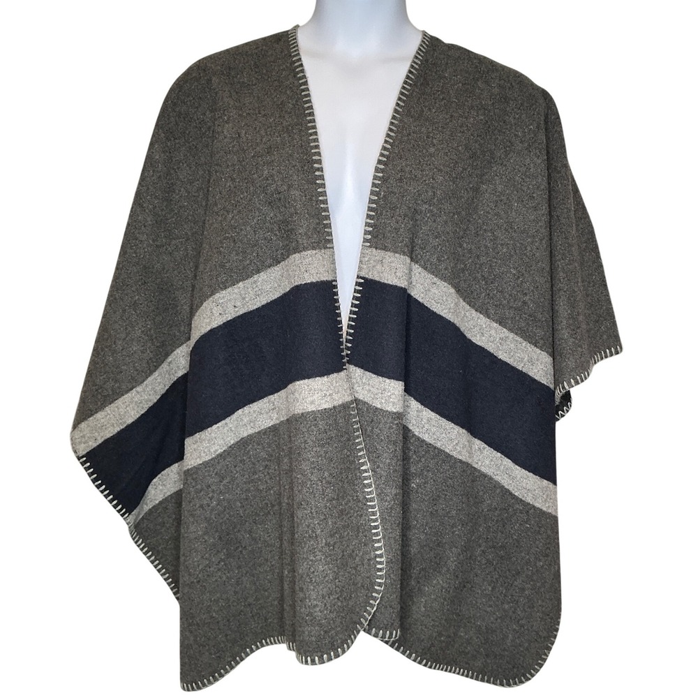 ARTISAN NY Womens Striped Poncho Sz L Gray Blue Wool Blend Boho Artsy Cozy Cape
